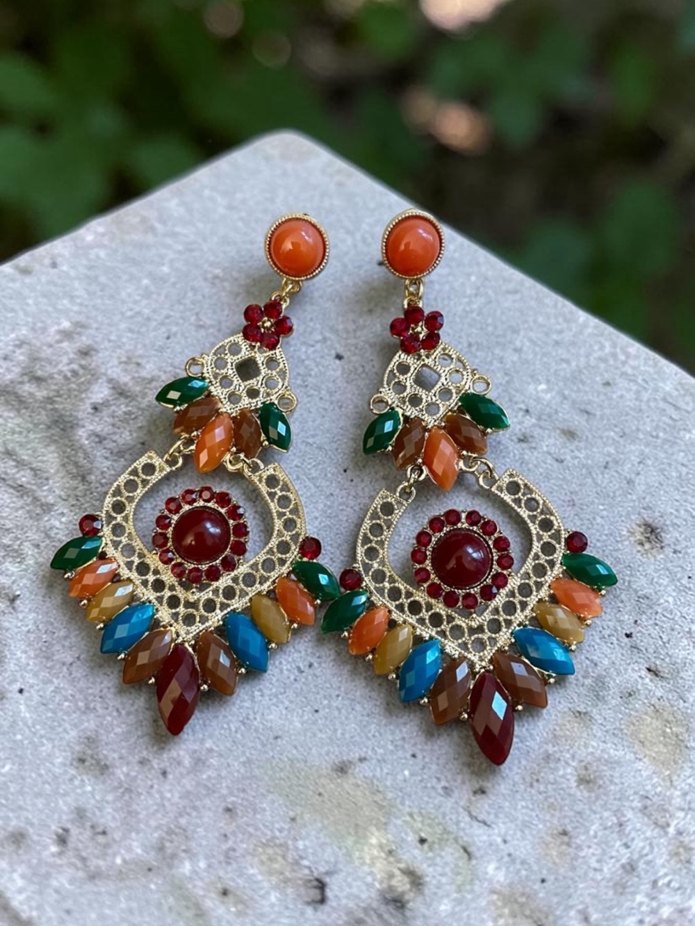 Gold Chandelier Earrings with Multi Colored Acrylic Stones